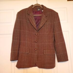 VINTAGE LIZSPORT Womens Size 8 Brown Plaid Houndstooth Wool Blazer Prep Academia